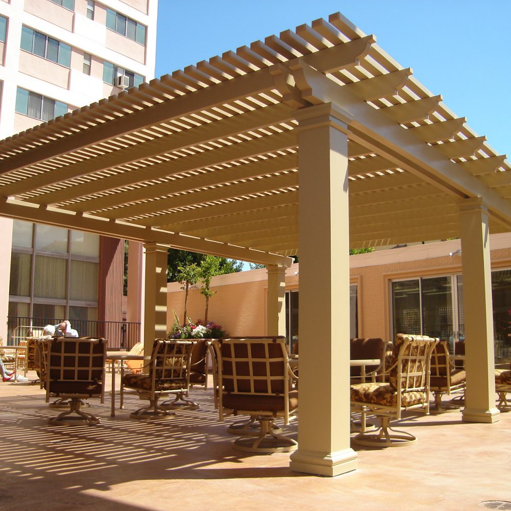 Alumawood tan colored lattice covering outdoor space