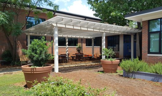 White Alumawood lattice covering an outdoor patio